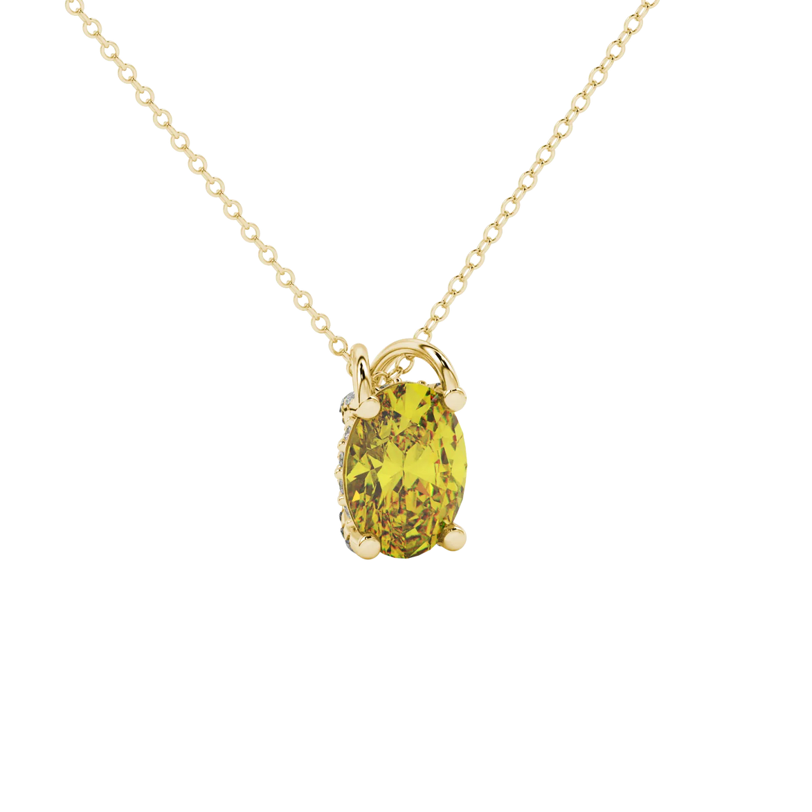 Close-up, oval cut canary yellow gemstone, yellow gold pavé basket pendant.