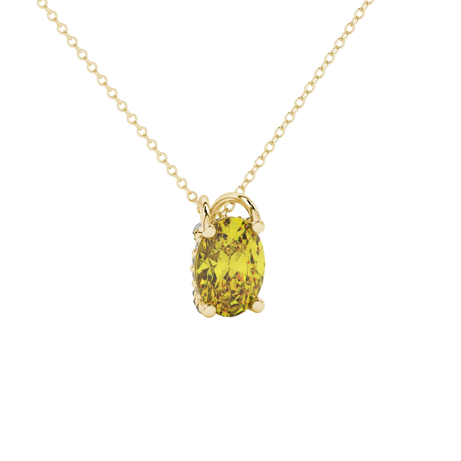 Close-up, oval cut canary yellow gemstone, yellow gold pavé basket pendant.