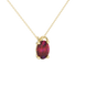 Close-up, oval cut raspberry red gemstone, yellow gold pavé basket pendant.