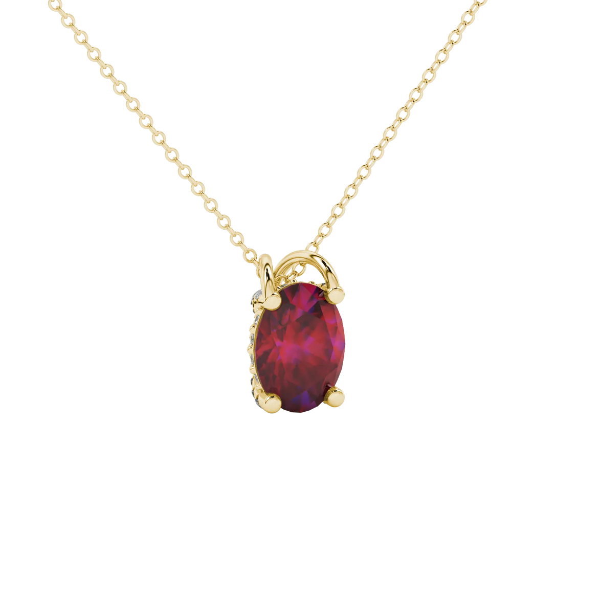 Close-up, oval cut raspberry red gemstone, yellow gold pavé basket pendant.