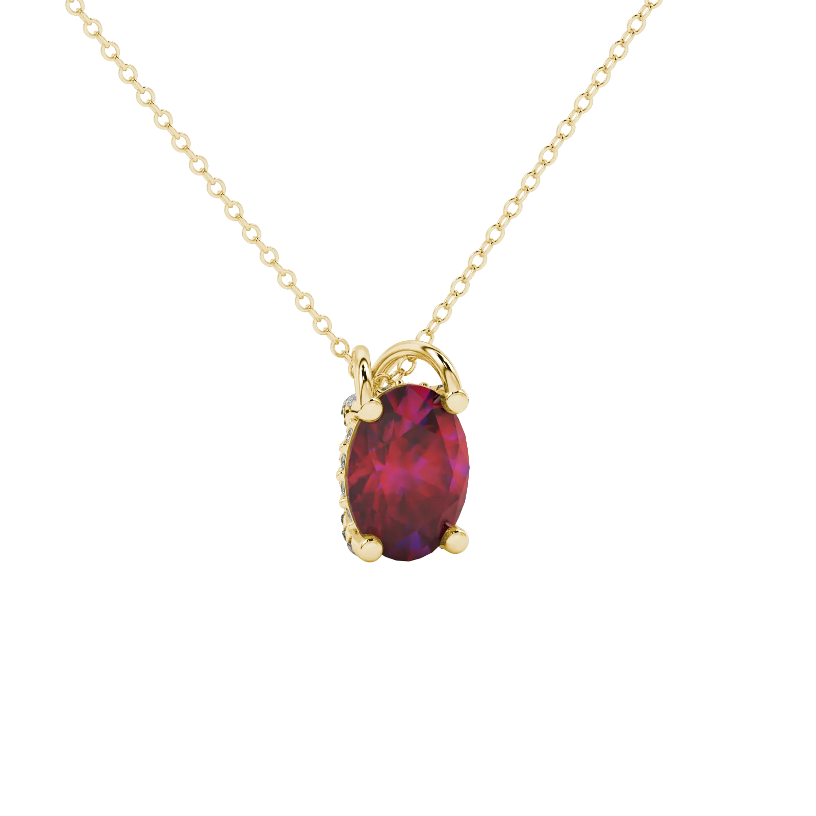 Close-up, oval cut raspberry red gemstone, yellow gold pavé basket pendant.
