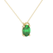 Close-up, oval cut emerald green gemstone, yellow gold pavé basket pendant.