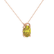 Close-up, oval cut canary yellow gemstone pendant, rose gold pavé basket.