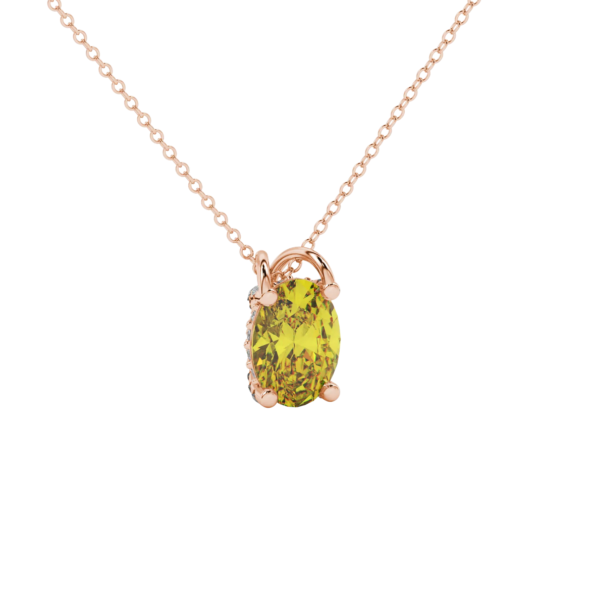 Close-up, oval cut canary yellow gemstone pendant, rose gold pavé basket.