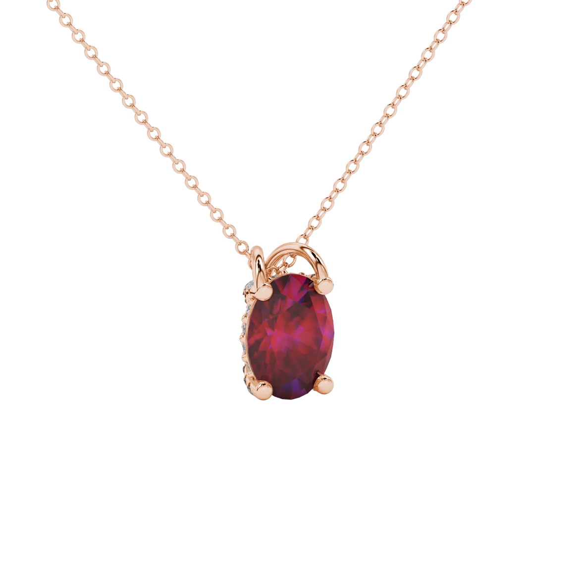 Close-up, oval cut raspberry red gemstone pendant, rose gold pavé basket.