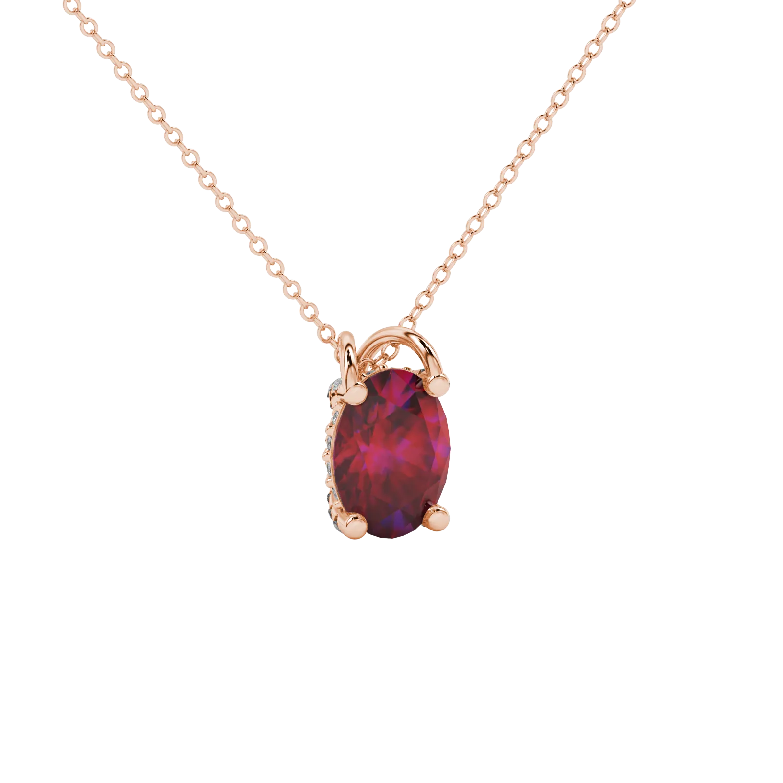 Close-up, oval cut raspberry red gemstone pendant, rose gold pavé basket.