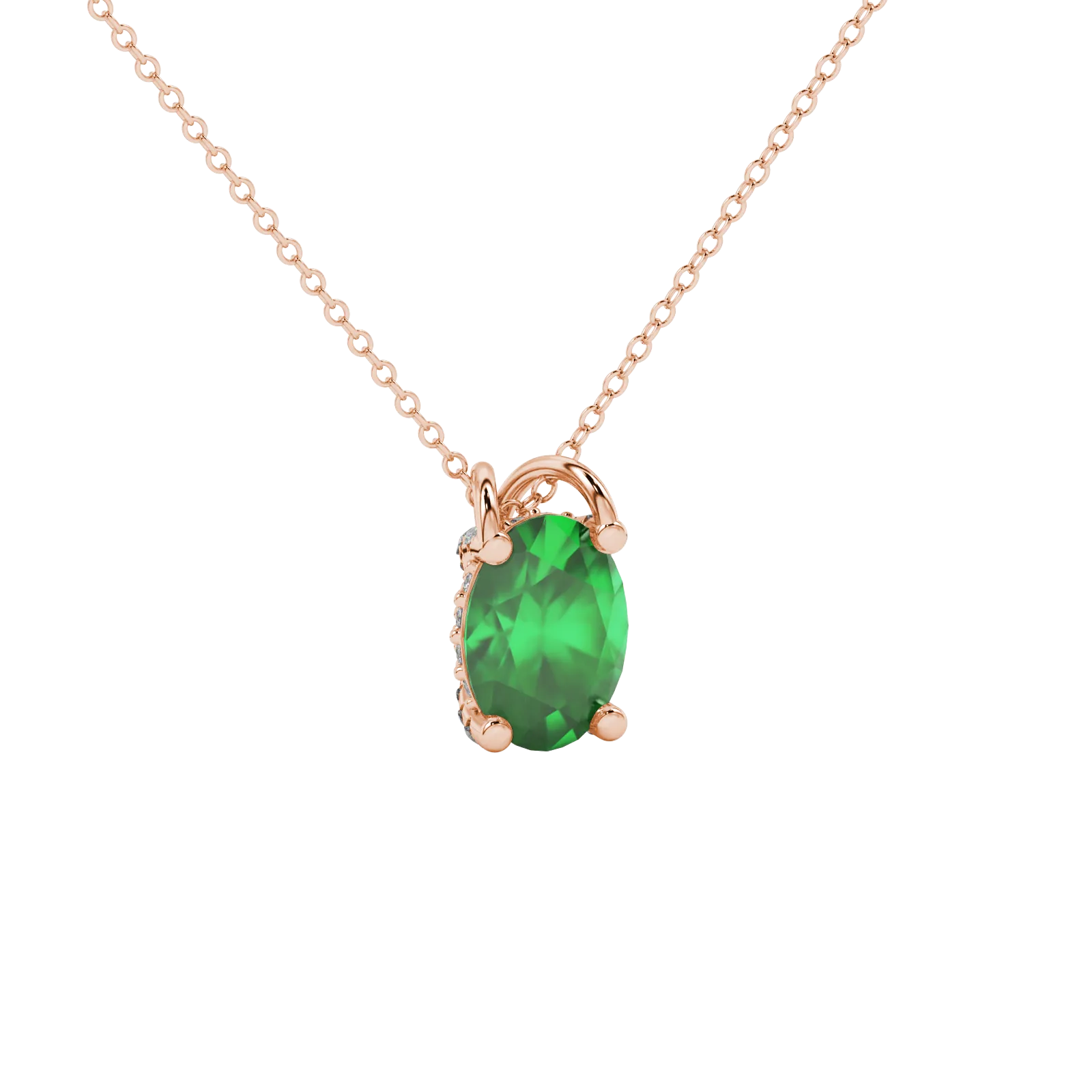 Close-up, oval cut emerald green gemstone pendant, rose gold pavé basket.