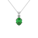 Oval cut emerald green gemstone pendant, white gold scalloped six prong setting.