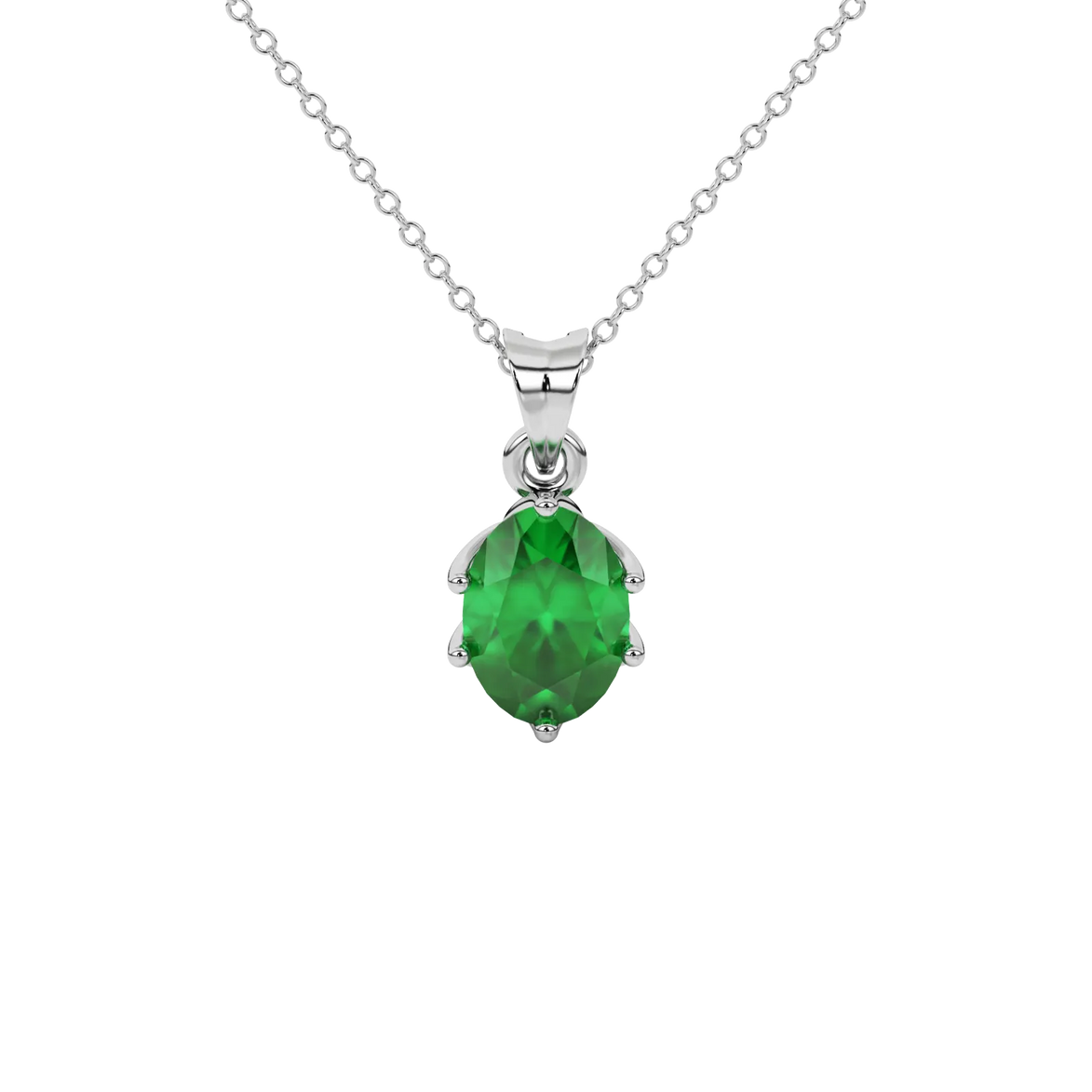 Oval cut emerald green gemstone pendant, white gold scalloped six prong setting.