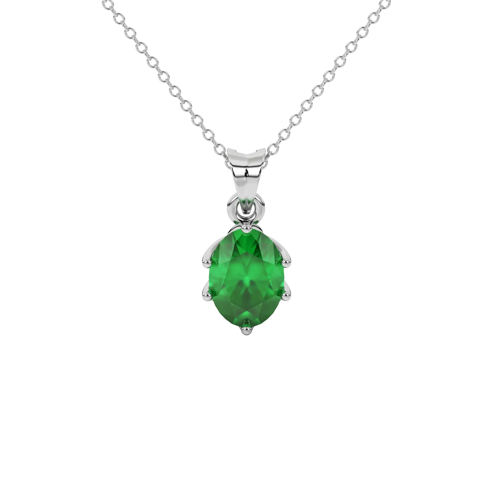 Oval cut emerald green gemstone pendant, white gold scalloped six prong setting.