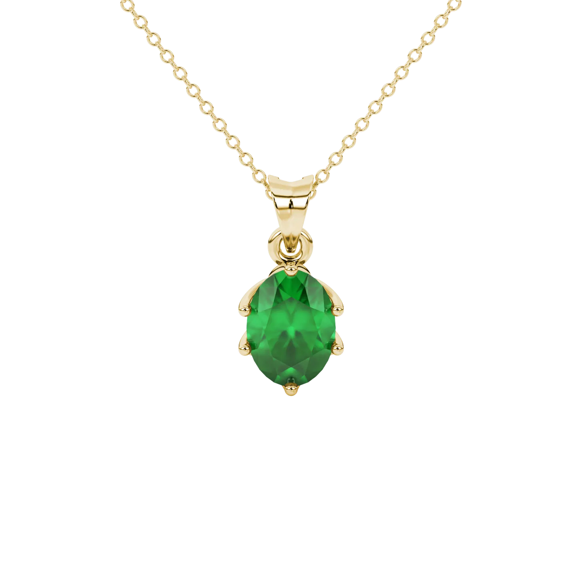 Oval cut emerald green gemstone pendant, yellow gold scalloped six prong setting.