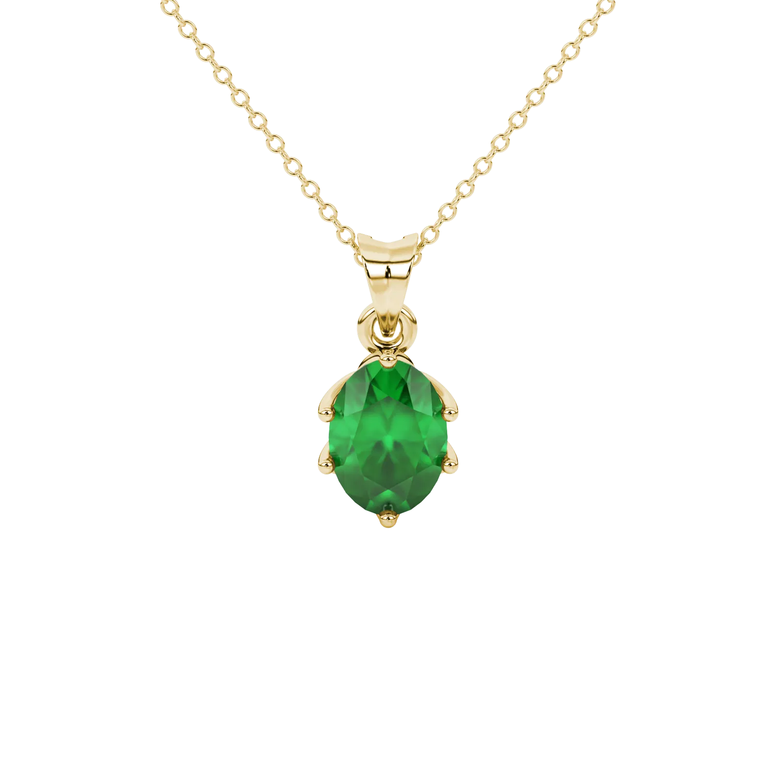 Oval cut emerald green gemstone pendant, yellow gold scalloped six prong setting.