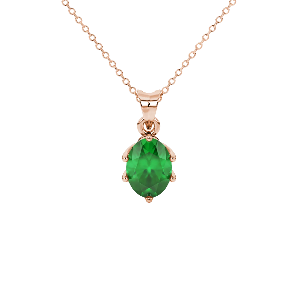 Oval cut emerald green gemstone pendant, rose gold scalloped six prong setting.