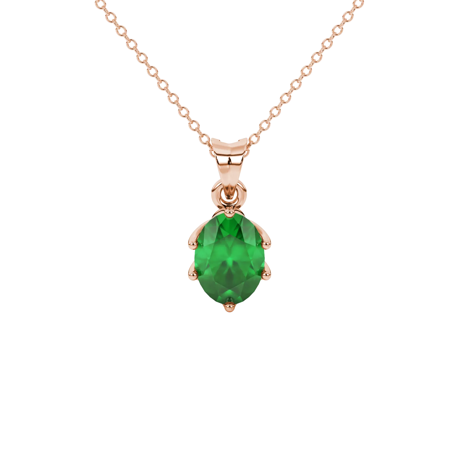 Oval cut emerald green gemstone pendant, rose gold scalloped six prong setting.