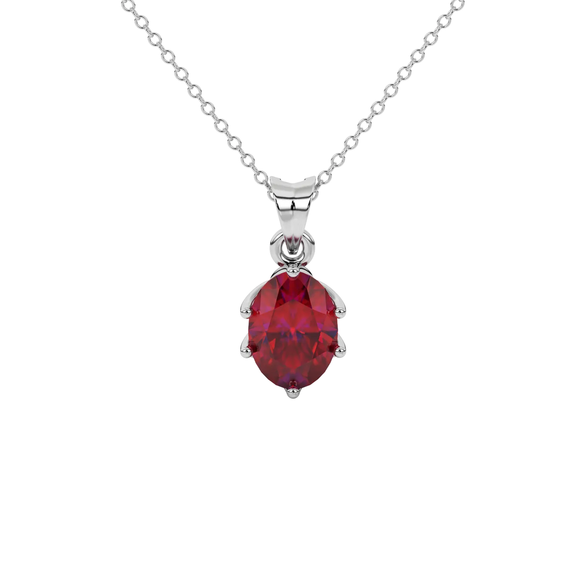 Oval cut raspberry red gemstone pendant, white gold scalloped six prong setting.
