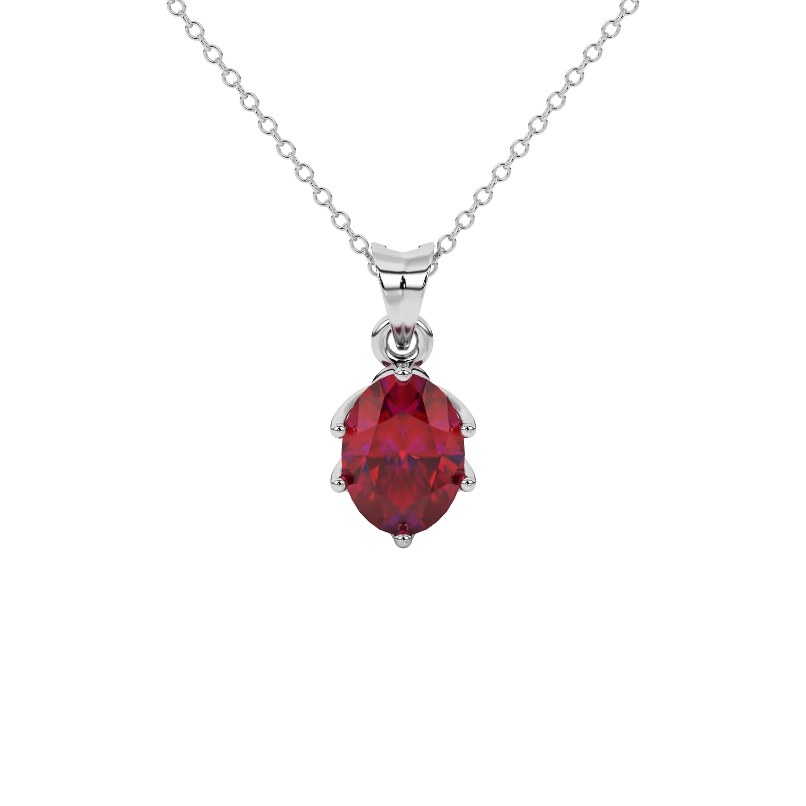 Oval cut raspberry red gemstone pendant, white gold scalloped six prong setting.