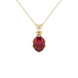 Oval cut raspberry red gemstone pendant, yellow gold scalloped six prong setting.
