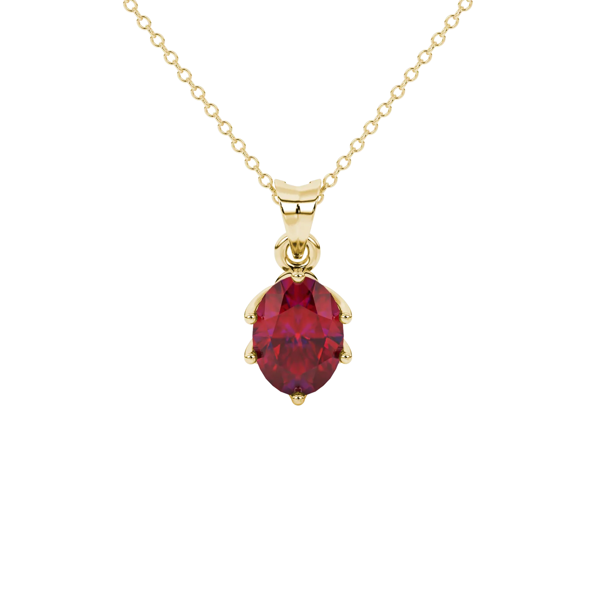 Oval cut raspberry red gemstone pendant, yellow gold scalloped six prong setting.