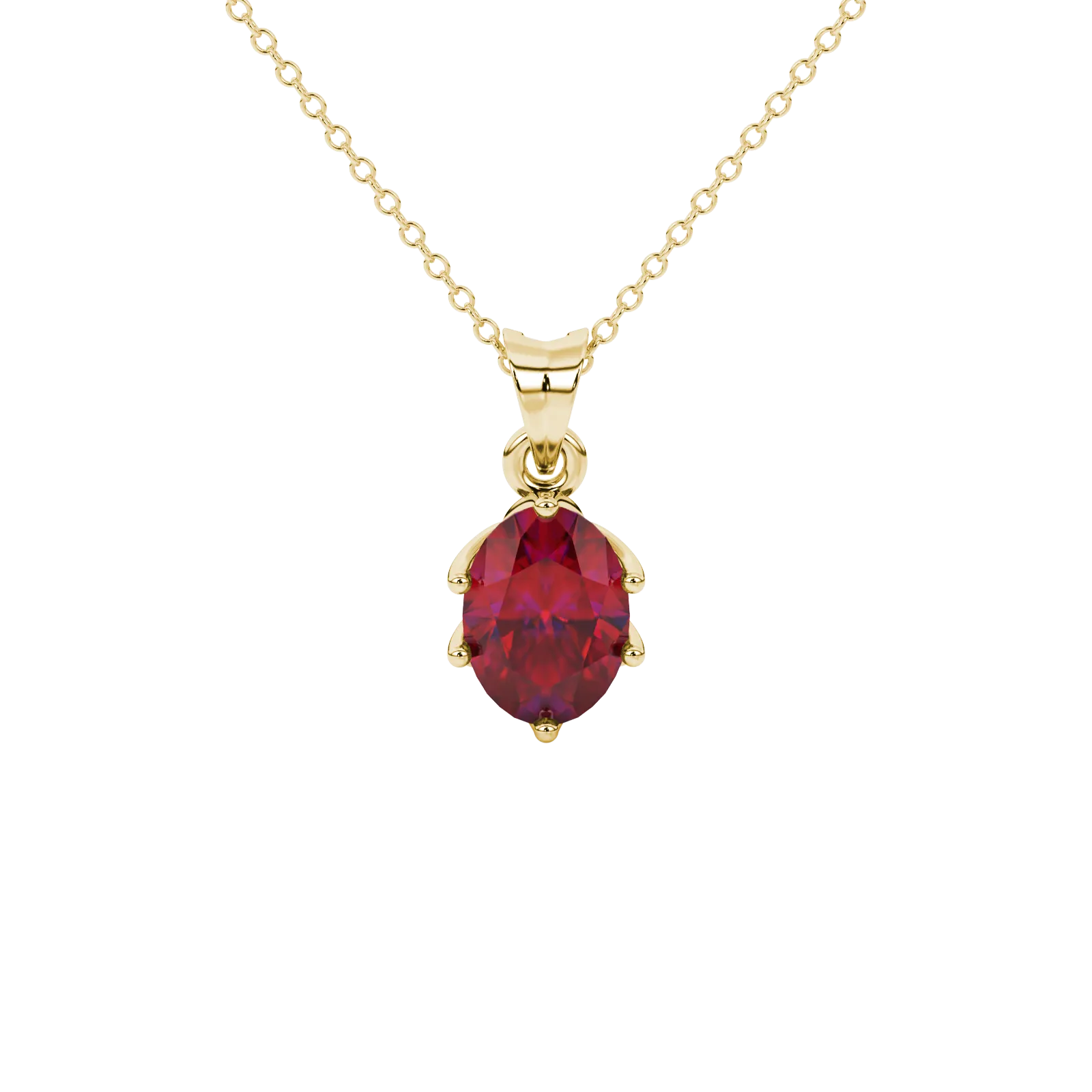 Oval cut raspberry red gemstone pendant, yellow gold scalloped six prong setting.