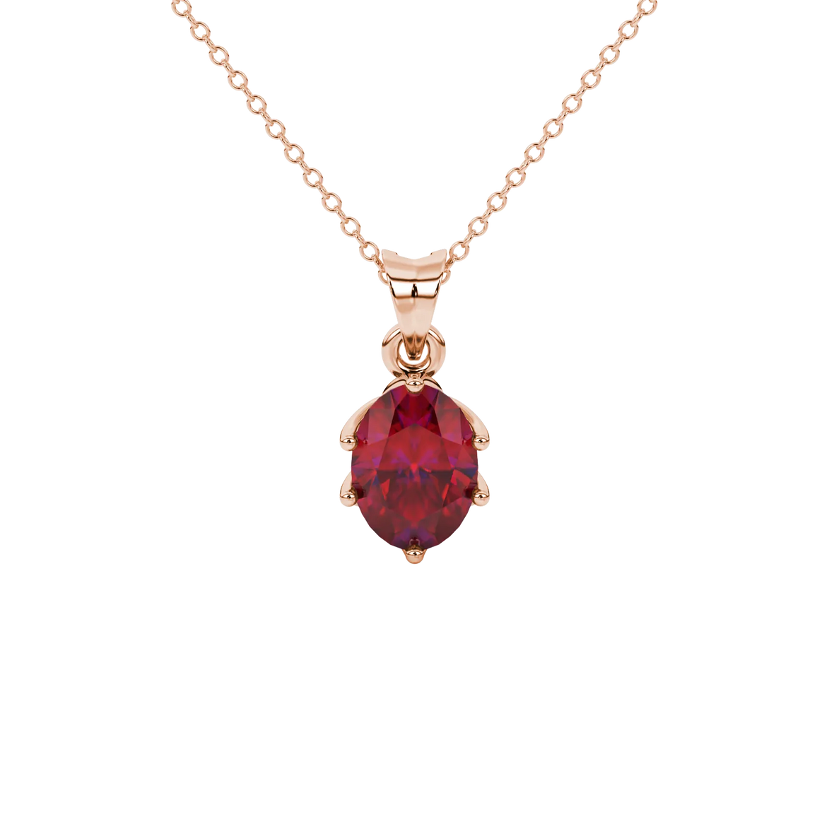 Oval cut raspberry red gemstone pendant, rose gold scalloped six prong setting.