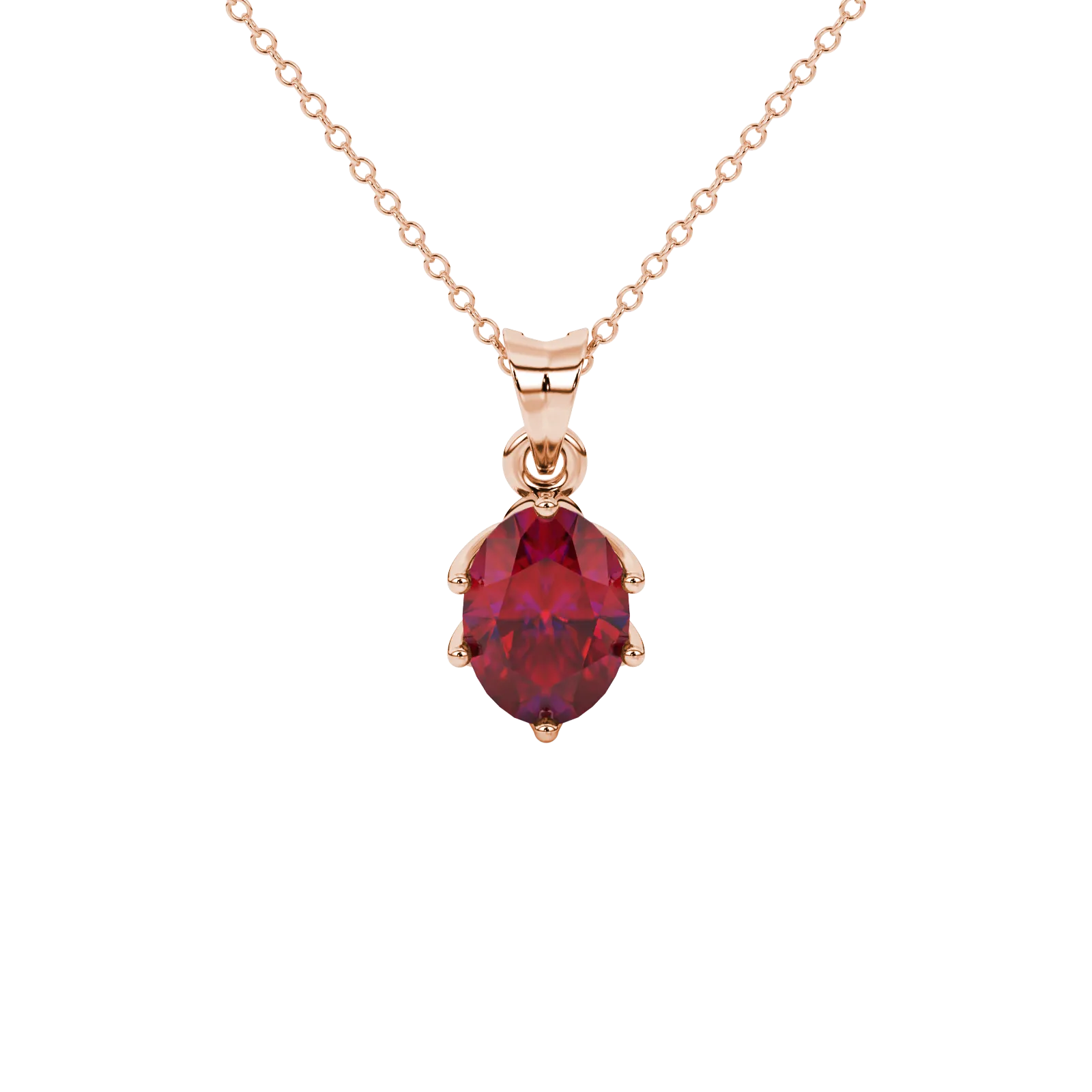 Oval cut raspberry red gemstone pendant, rose gold scalloped six prong setting.