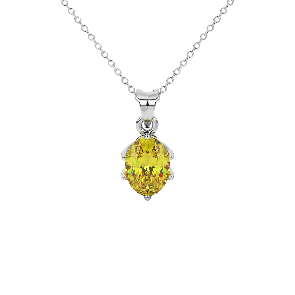 Oval cut canary yellow gemstone pendant, white gold scalloped six prong setting.