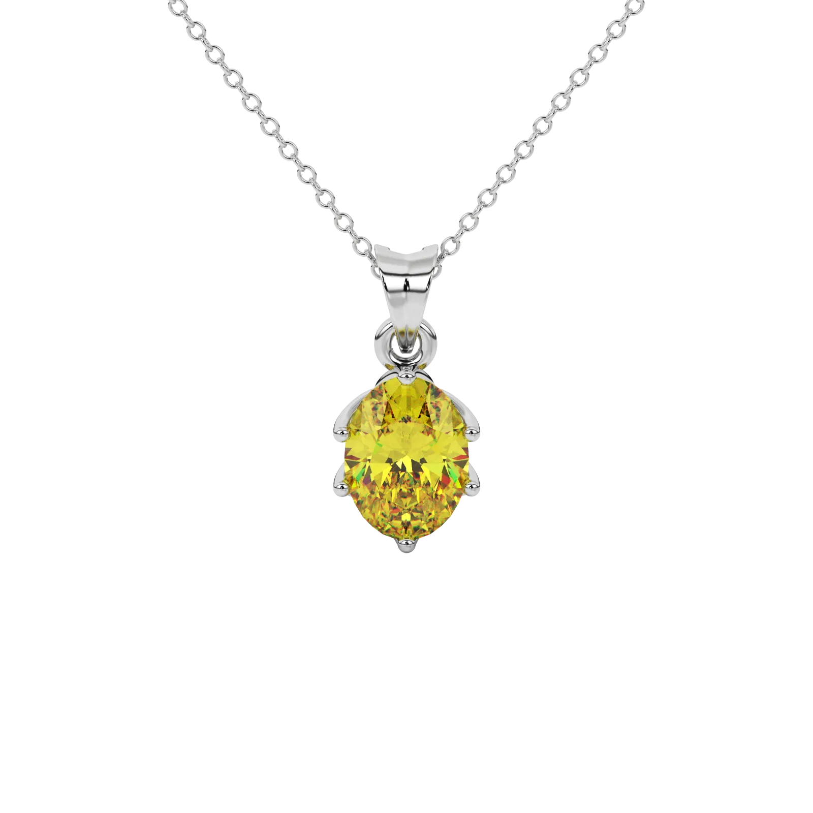 Oval cut canary yellow gemstone pendant, white gold scalloped six prong setting.