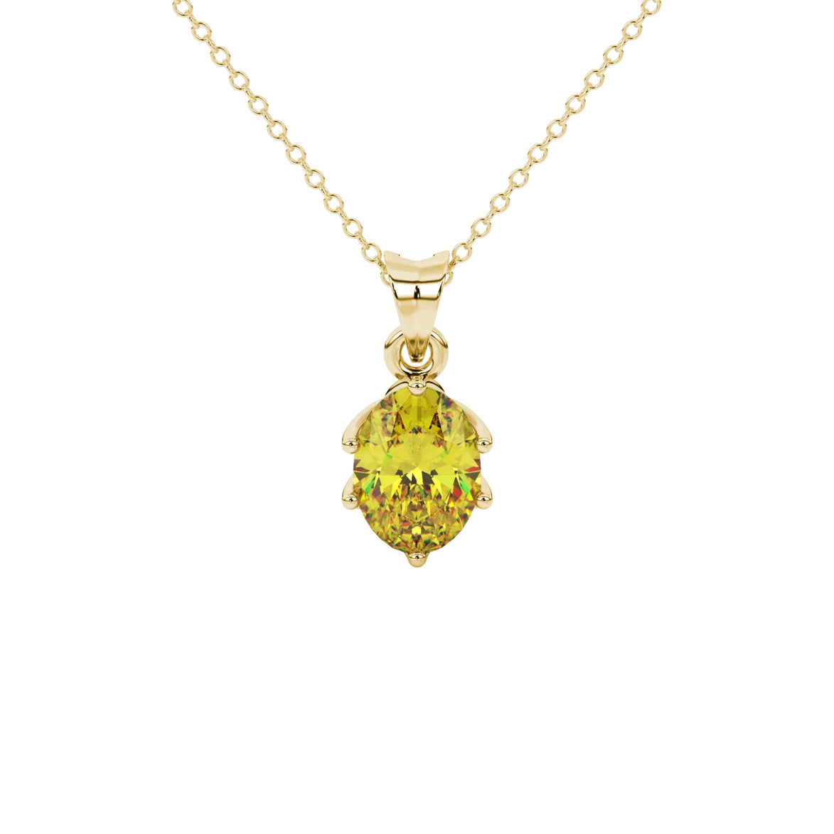 Oval cut canary yellow gemstone pendant, yellow gold scalloped six prong setting.