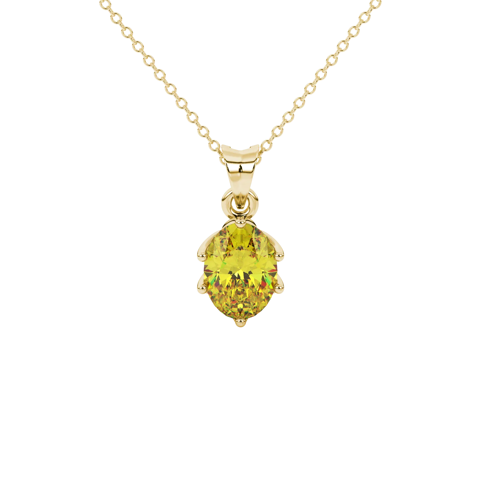 Oval cut canary yellow gemstone pendant, yellow gold scalloped six prong setting.