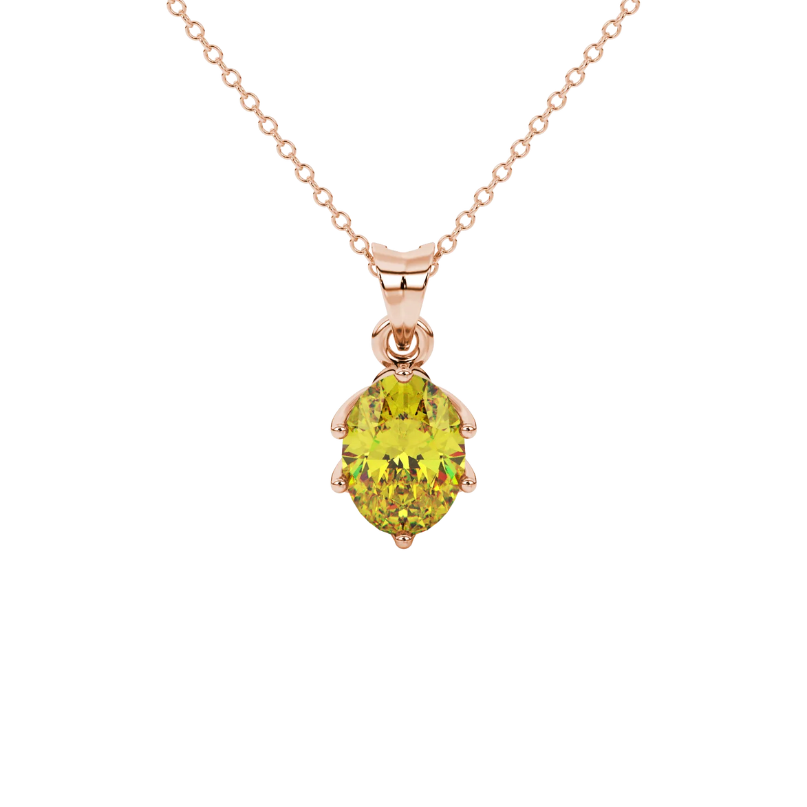 Oval cut canary yellow gemstone pendant, rose gold scalloped six prong setting.