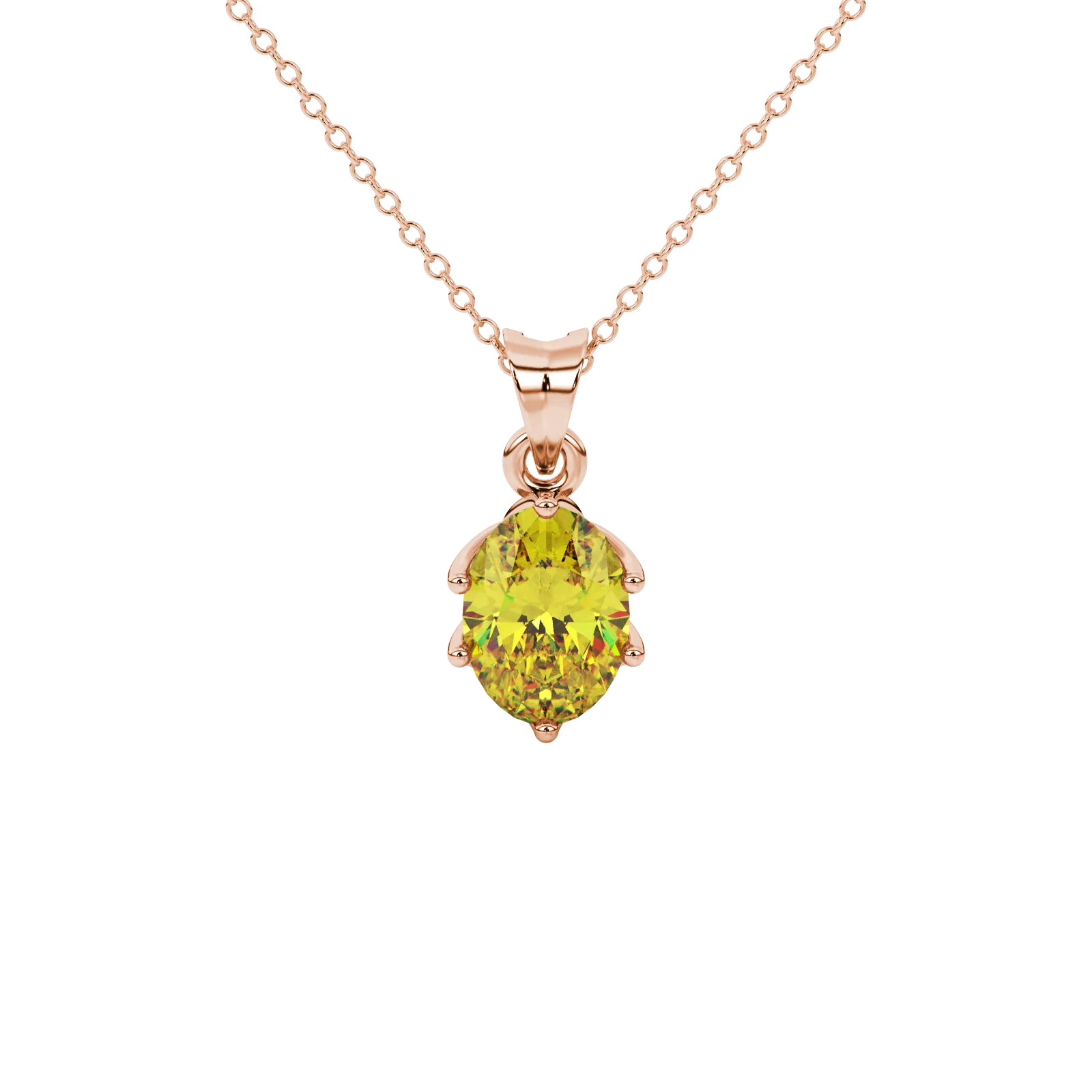 Oval cut canary yellow gemstone pendant, rose gold scalloped six prong setting.