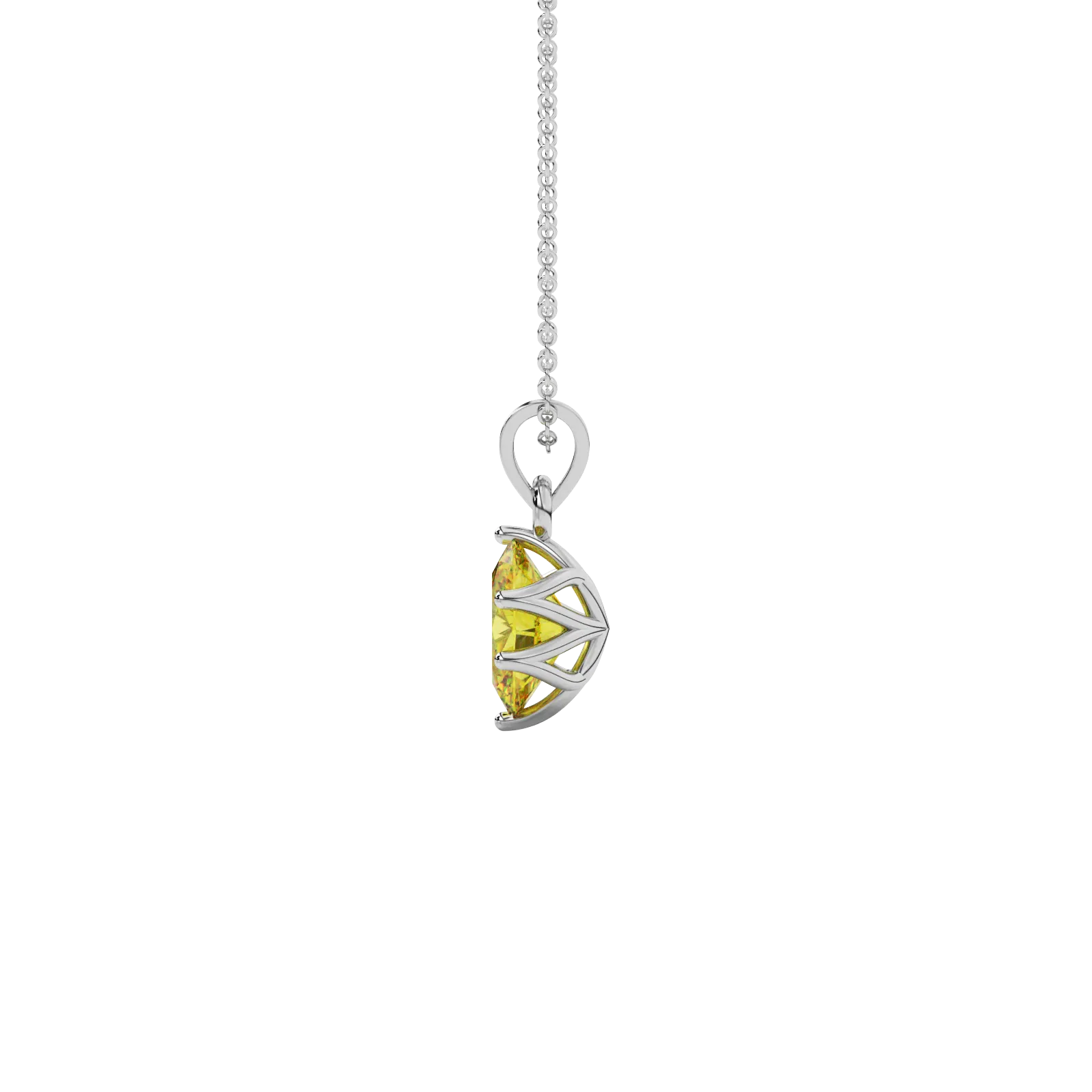 Side profile, white gold canary yellow pendant, scalloped six prong gallery.