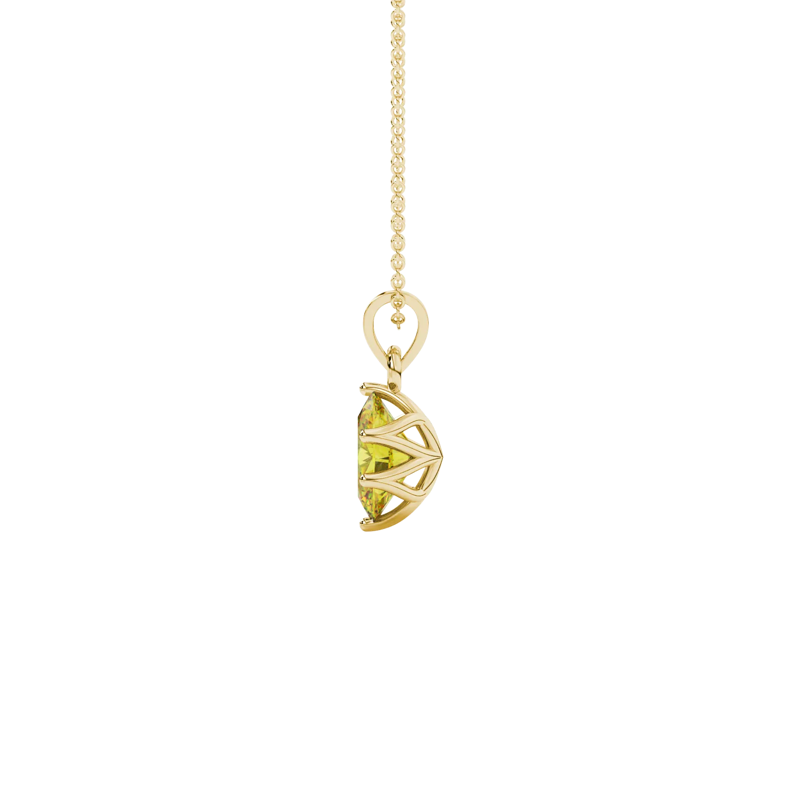 Side profile, yellow gold canary yellow pendant, scalloped six prong gallery.
