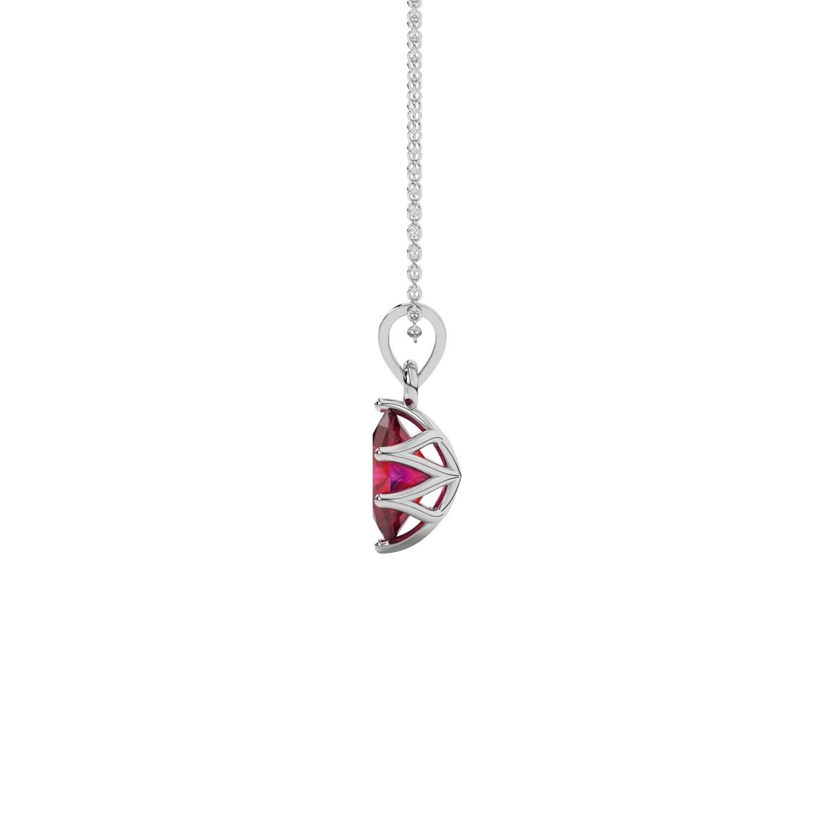 Side profile, white gold raspberry red pendant, scalloped six prong gallery.