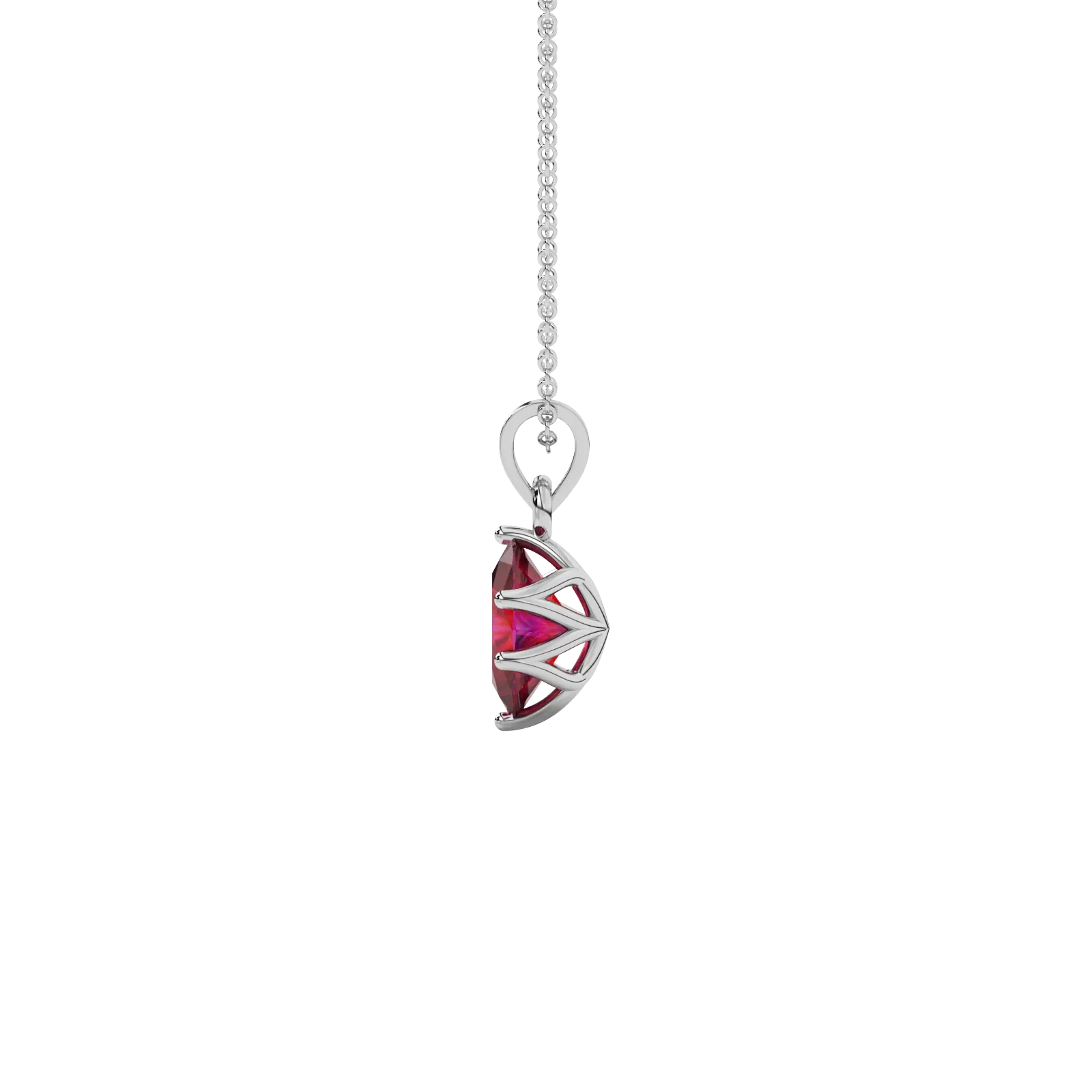 Side profile, white gold raspberry red pendant, scalloped six prong gallery.