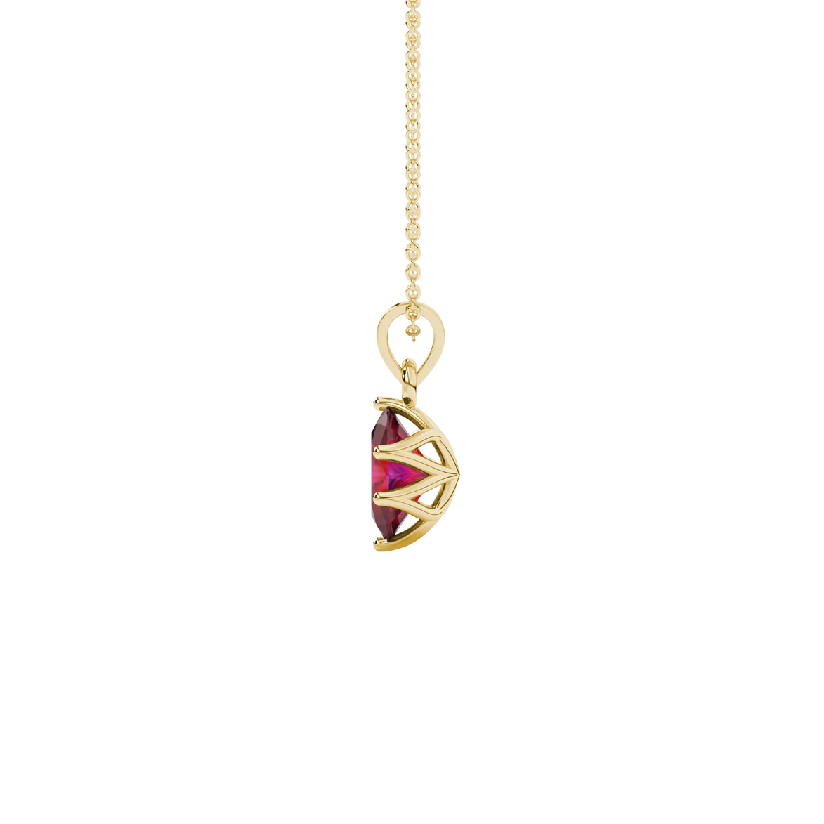 Side profile, yellow gold raspberry red pendant, scalloped six prong gallery.