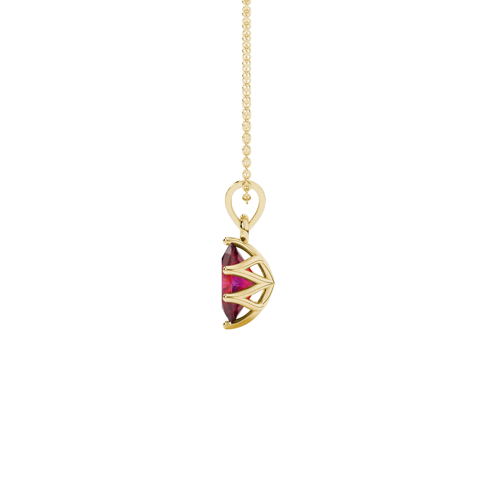 Side profile, yellow gold raspberry red pendant, scalloped six prong gallery.