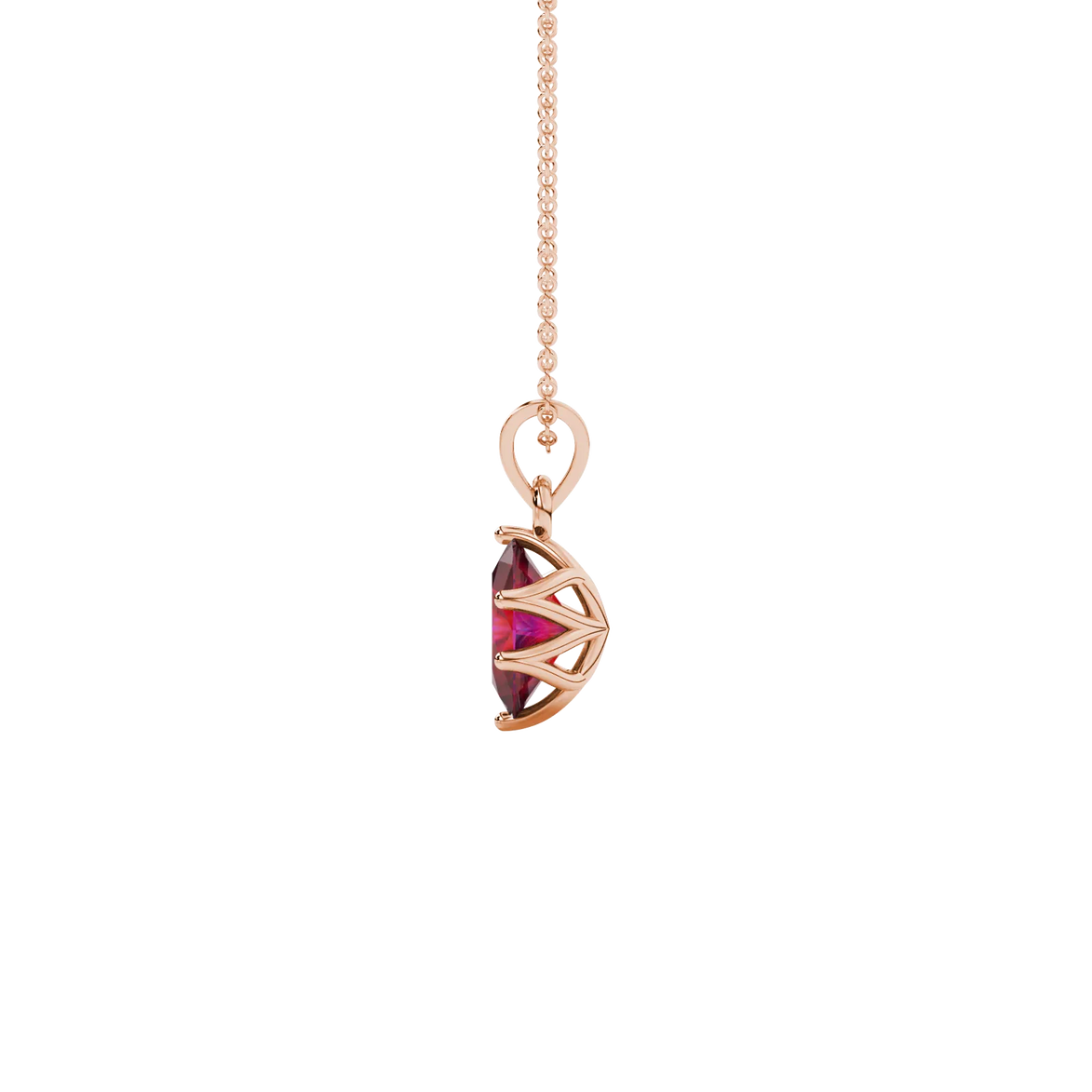 Side profile, rose gold raspberry red pendant, scalloped six prong gallery.