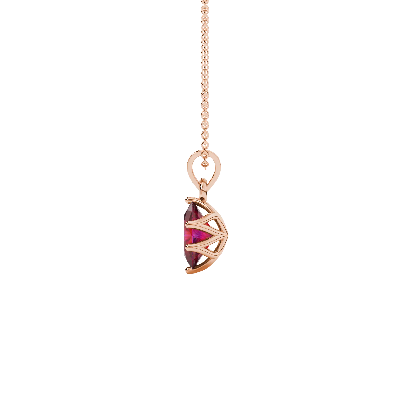 Side profile, rose gold raspberry red pendant, scalloped six prong gallery.