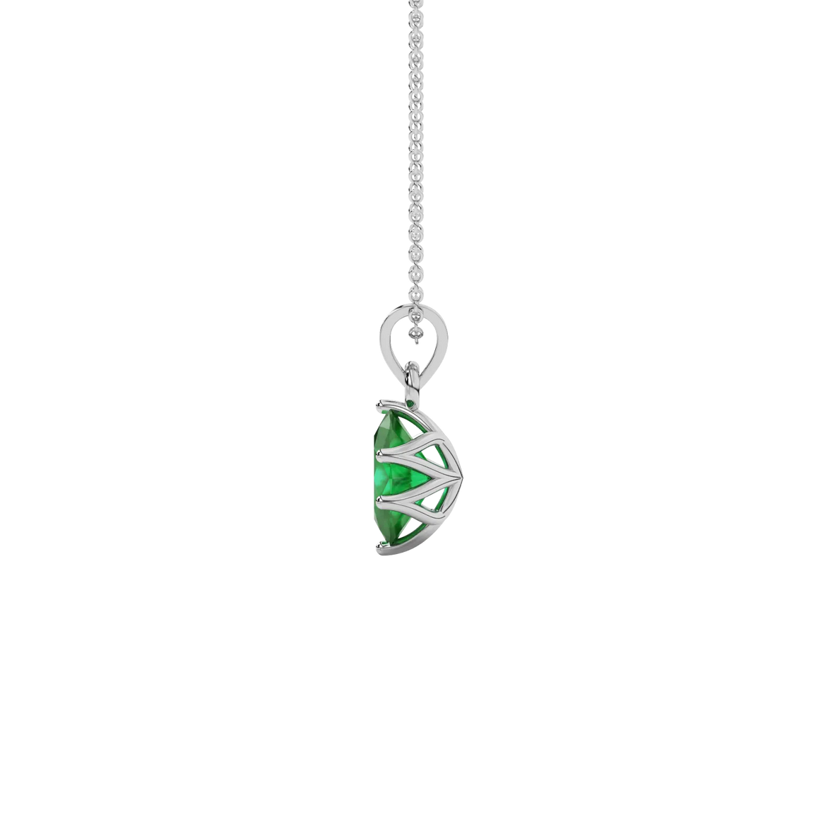 Side profile, white gold emerald green pendant, scalloped six prong gallery.