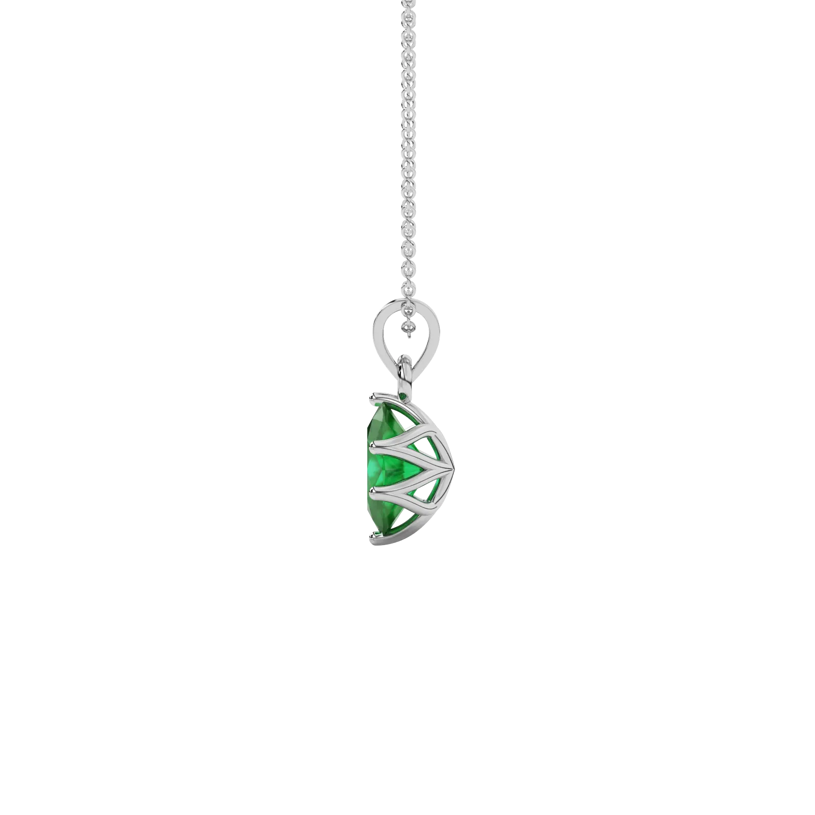 Side profile, white gold emerald green pendant, scalloped six prong gallery.