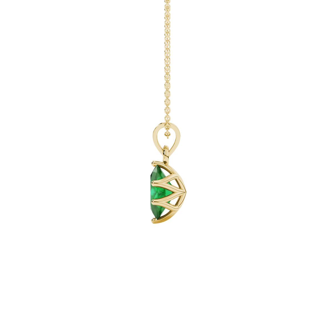 Side profile, yellow gold emerald green pendant, scalloped six prong gallery.