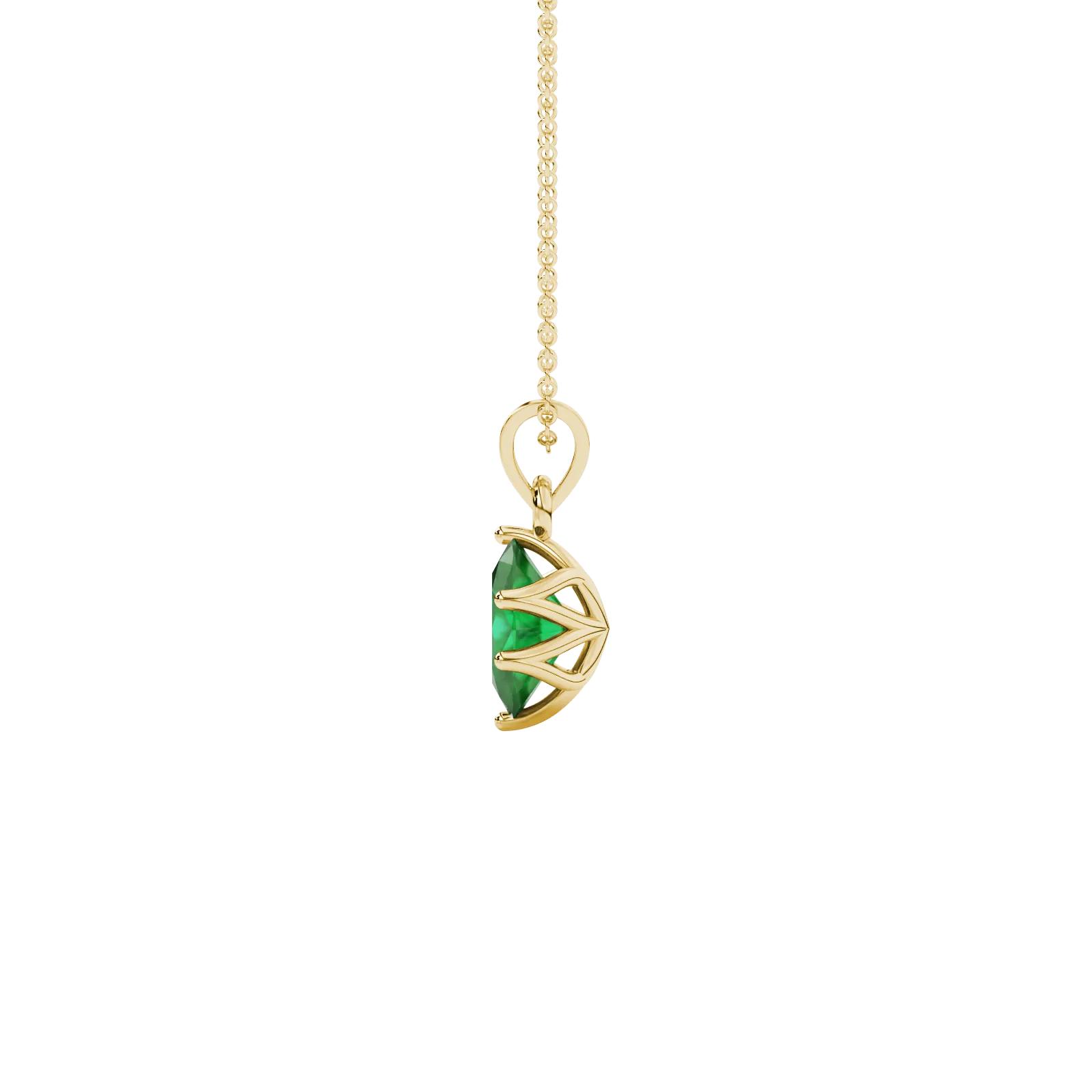 Side profile, yellow gold emerald green pendant, scalloped six prong gallery.