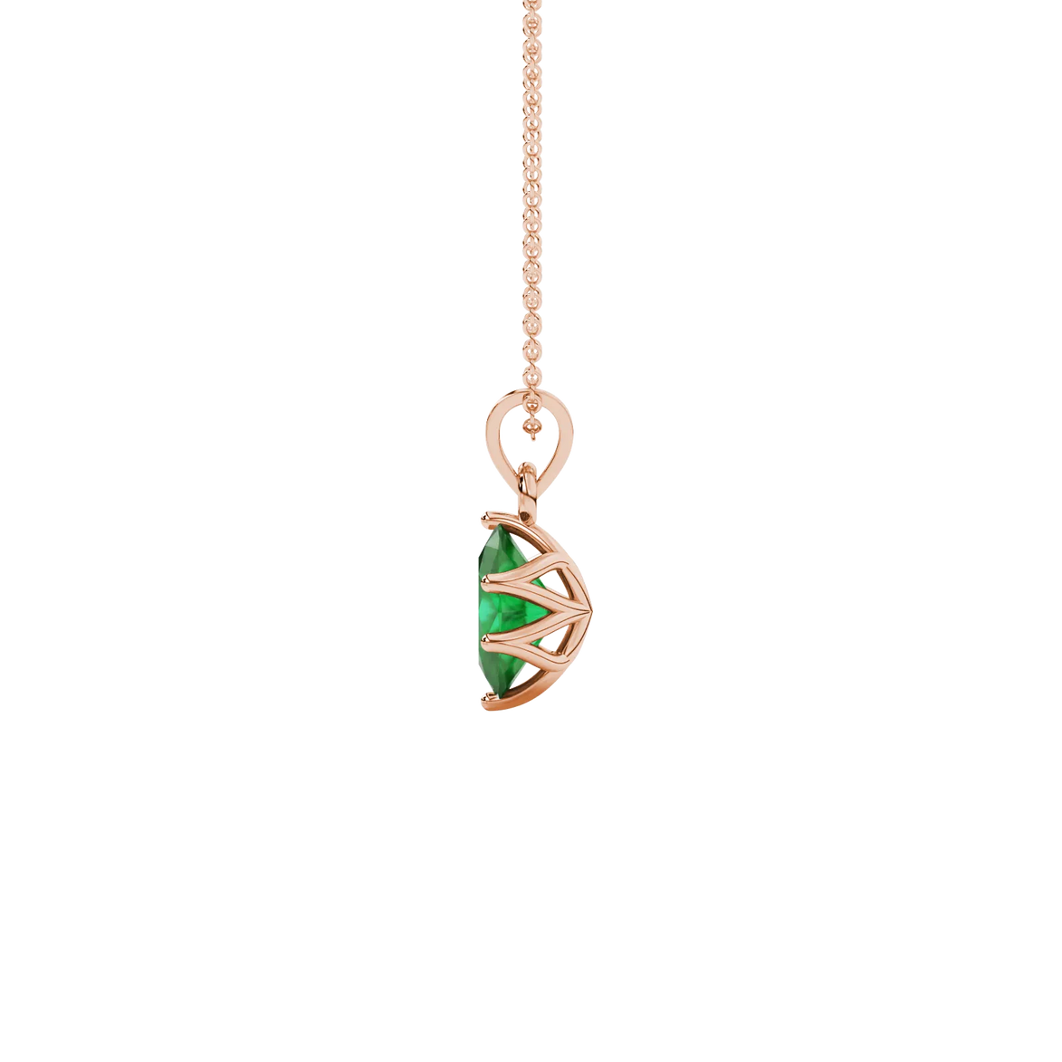 Side profile, rose gold emerald green pendant, scalloped six prong gallery.