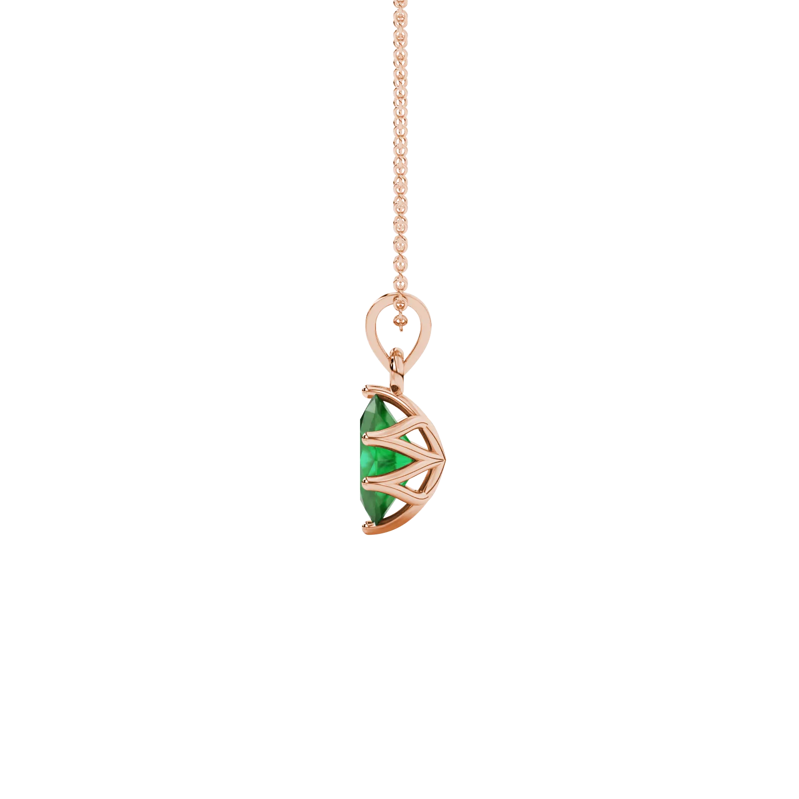 Side profile, rose gold emerald green pendant, scalloped six prong gallery.