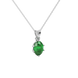 Close-up oval cut emerald green gemstone pendant, white gold scalloped six prong setting.