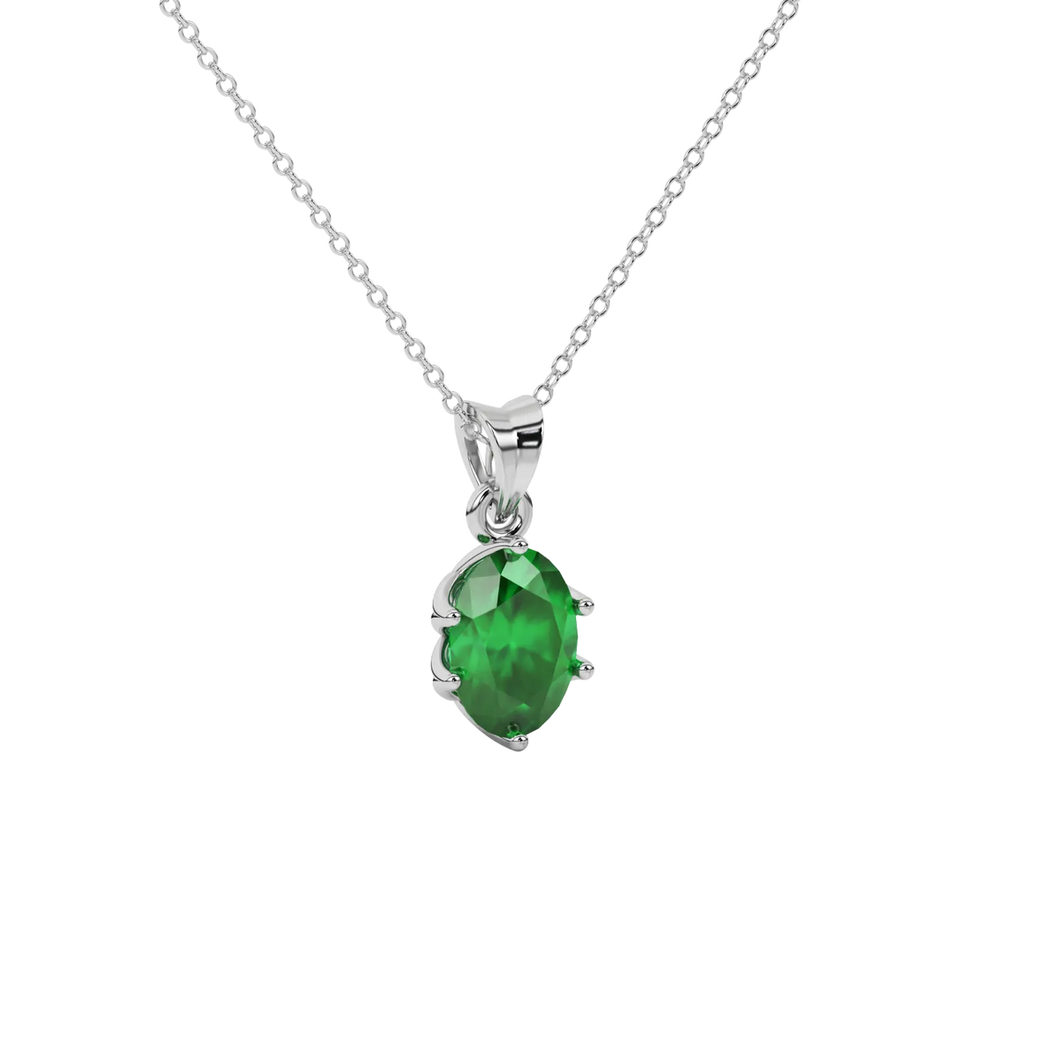 Close-up oval cut emerald green gemstone pendant, white gold scalloped six prong setting.