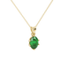Close-up, oval cut emerald green gemstone, yellow gold scalloped six prong pendant.