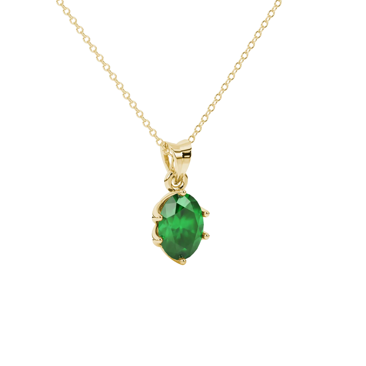 Close-up, oval cut emerald green gemstone, yellow gold scalloped six prong pendant.