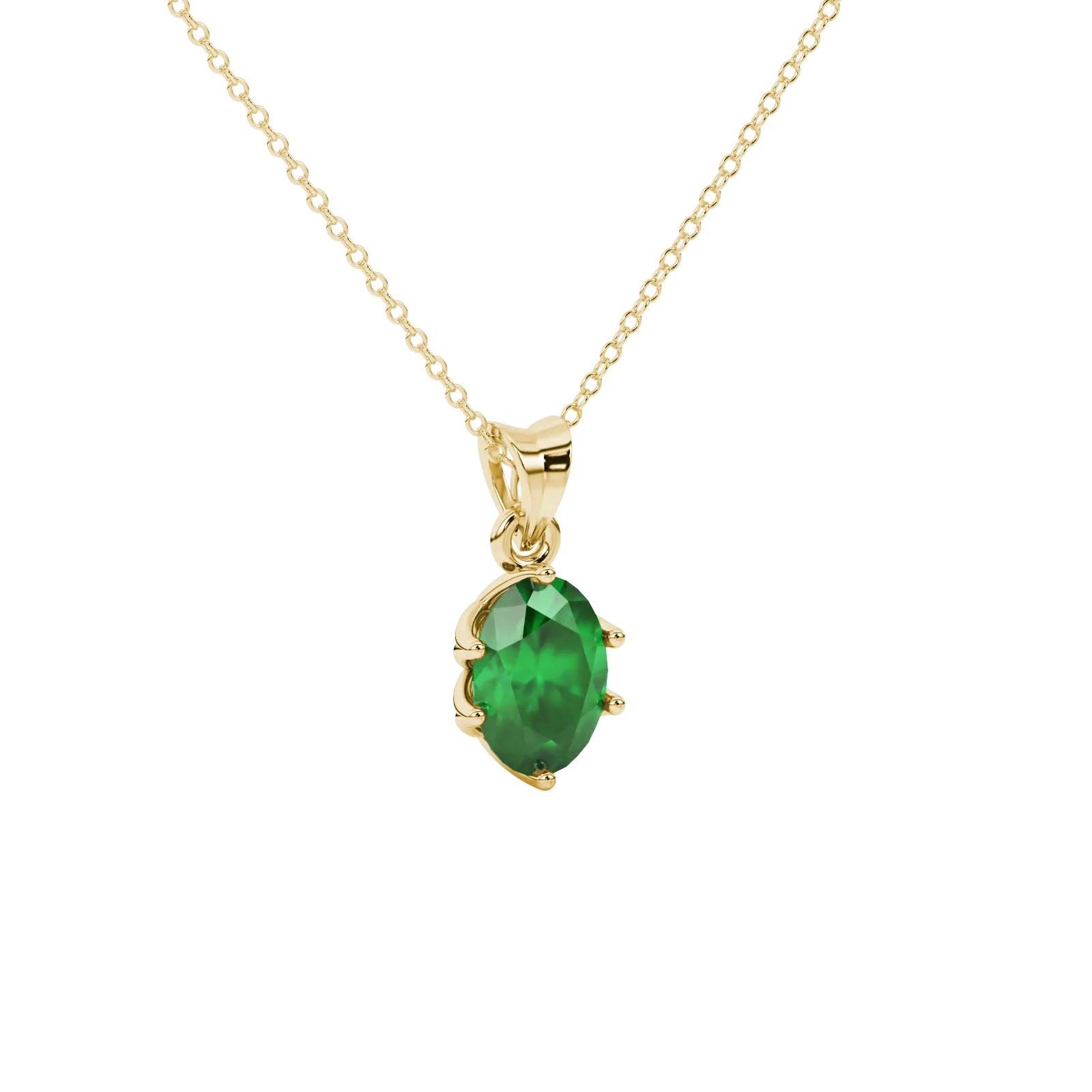 Close-up, oval cut emerald green gemstone, yellow gold scalloped six prong pendant.